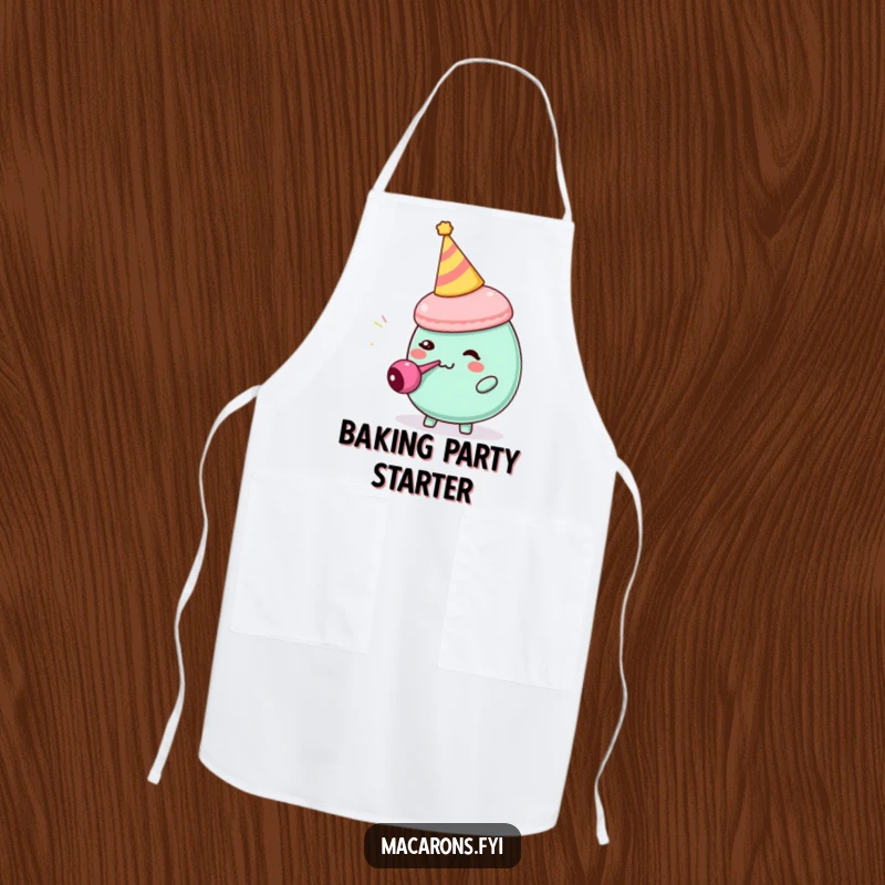Funny macaron character wearing a party hat, comically blowing a tiny party blower, around a chef’s apron.