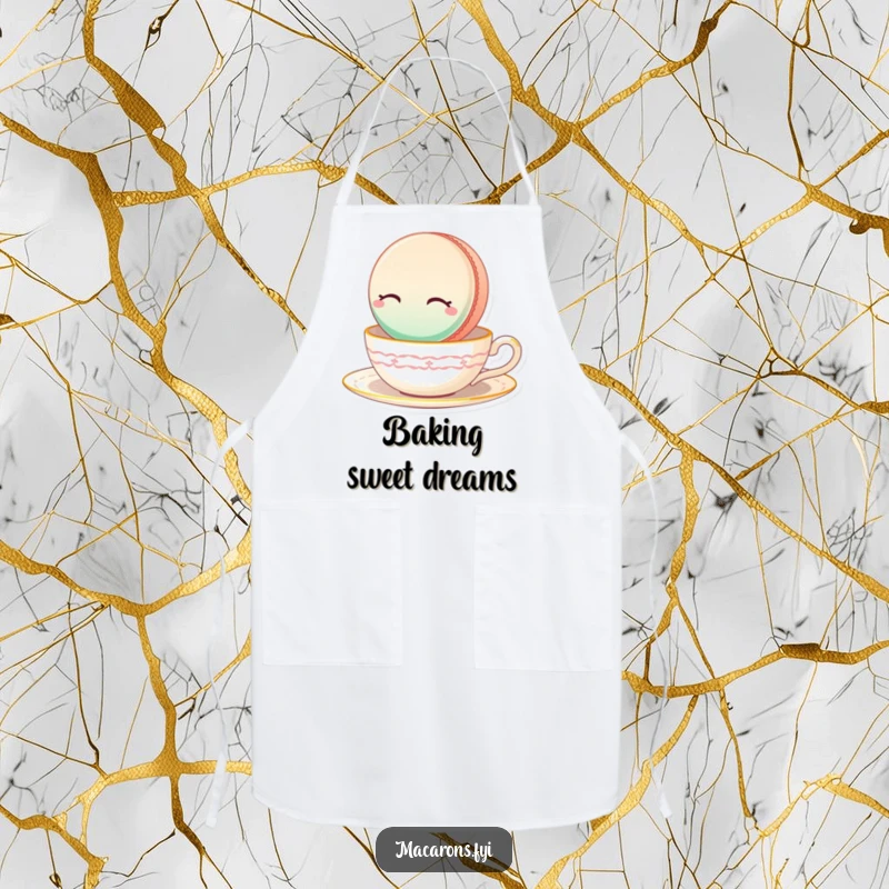 Funny Macaron Apron showing a serene macaron floating on a teacup, perfect for peaceful baking.
