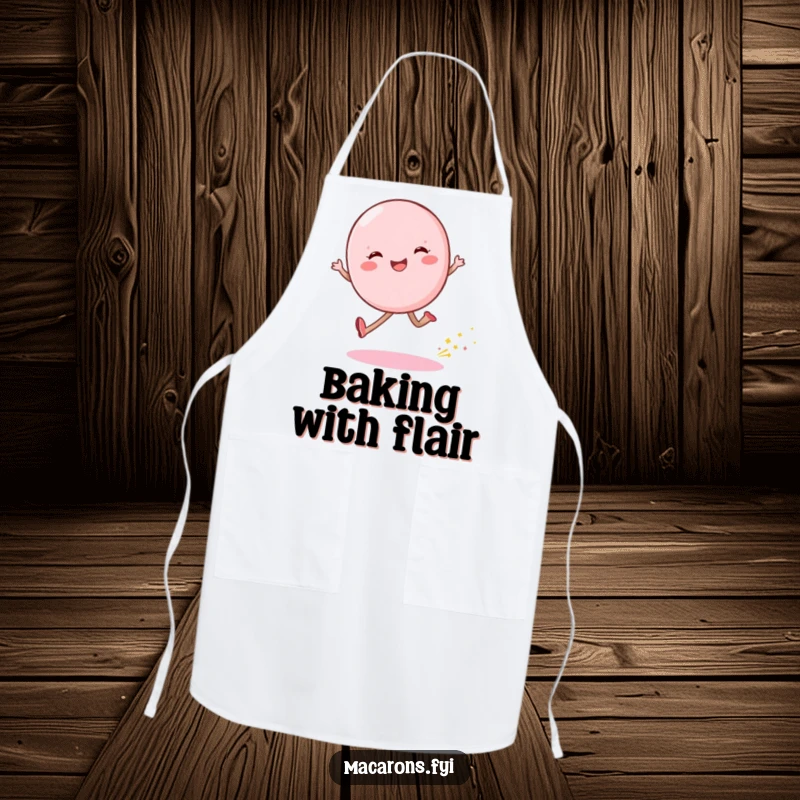 Funny macaron character skipping energetically, leaving a shimmering dust trail, on a functional and cheerful kitchen apron.