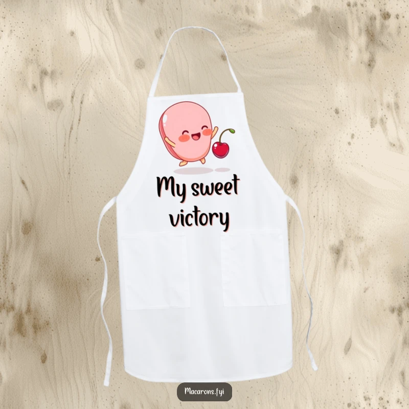 Funny apron showcasing a blushing macaron in mid-air, ecstatically reaching for a tiny cherry, perfect for a joyful cook.