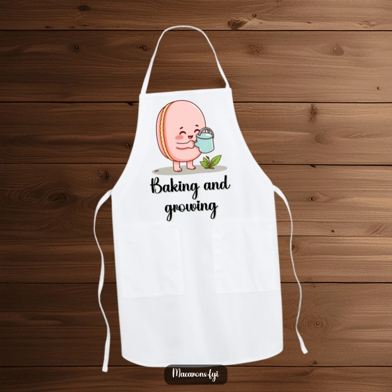 Funny Macaron Apron showing a happy macaron enthusiastically watering a small sprout.