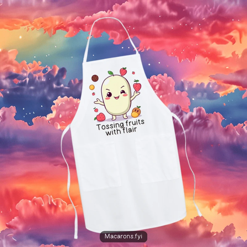 Funny Apron: A mischievous macaron character grins while juggling tiny fruits, ready for culinary fun in the kitchen.
