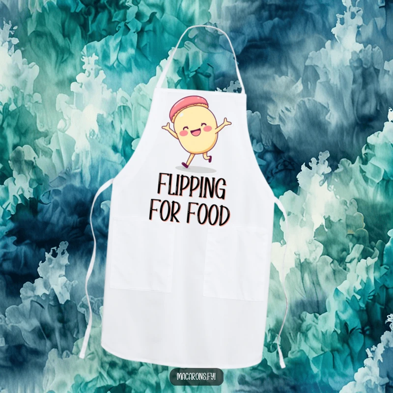 Funny macaron character doing a cartwheel with a wide grin, depicted on a humorous apron for bakers.
