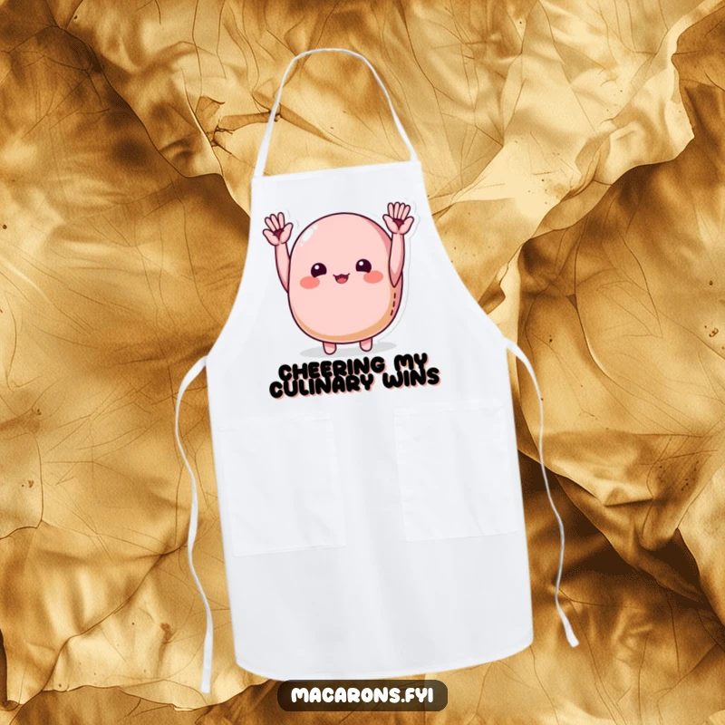 Funny macaron character joyfully cheering with tiny hands raised high, on a durable apron for kitchen celebration.