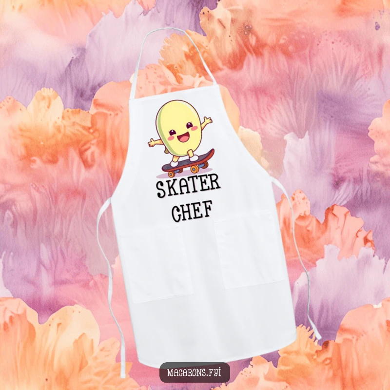 Funny macaron character on a skateboard, mid-trick, printed on a functional and humorous baking apron.
