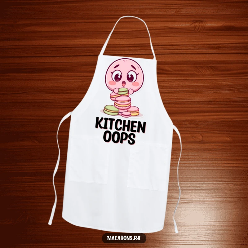 Funny surprised macaron character, wide-eyed, dropping macarons, printed on a functional and humorous baking apron.