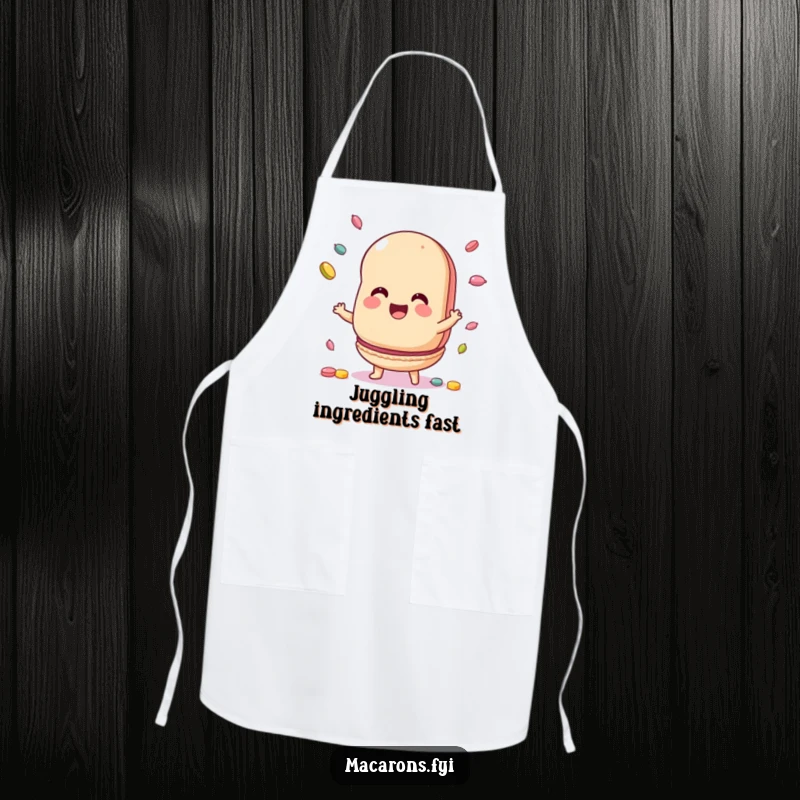 Funny Apron featuring a macaron character juggling colorful candies, perfect for adding a playful and sweet touch to cooking.