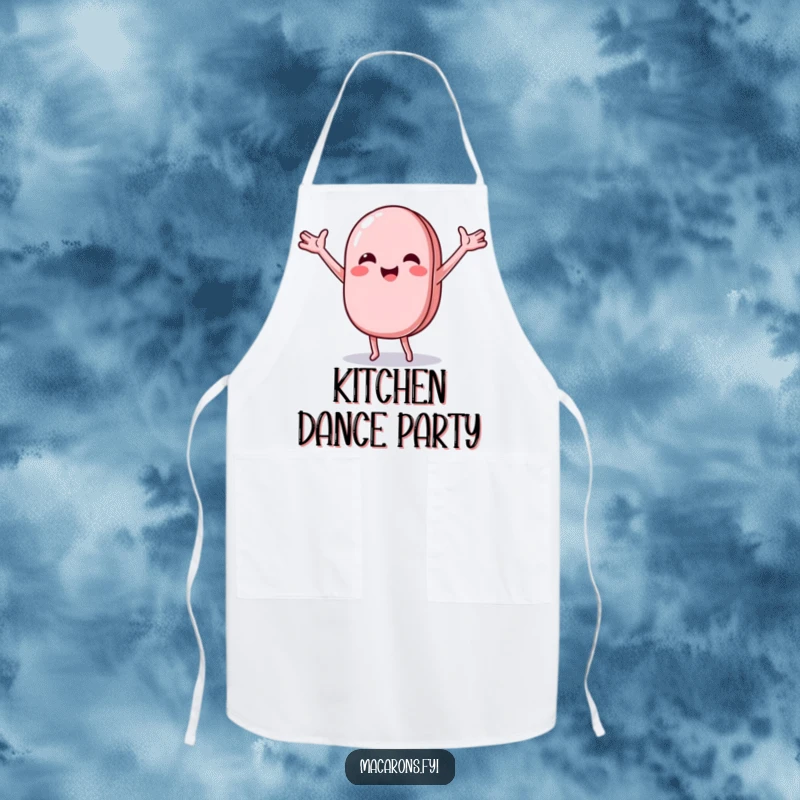 Funny macaron character doing a joyful, wobbly dance with arms outstretched, on a functional and fun chef’s apron.