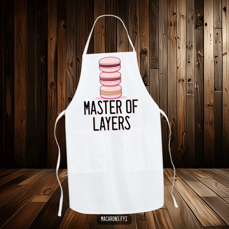 Funny apron showcasing a triumphant macaron that has successfully stacked three smaller macarons, celebrating mastery in the kitchen.
