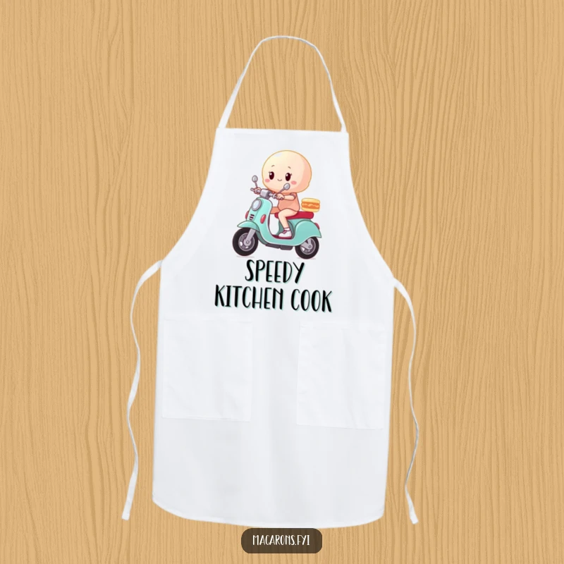 Funny macaron character zooming on a scooter in a triumphant pose, featured on a functional kitchen apron.