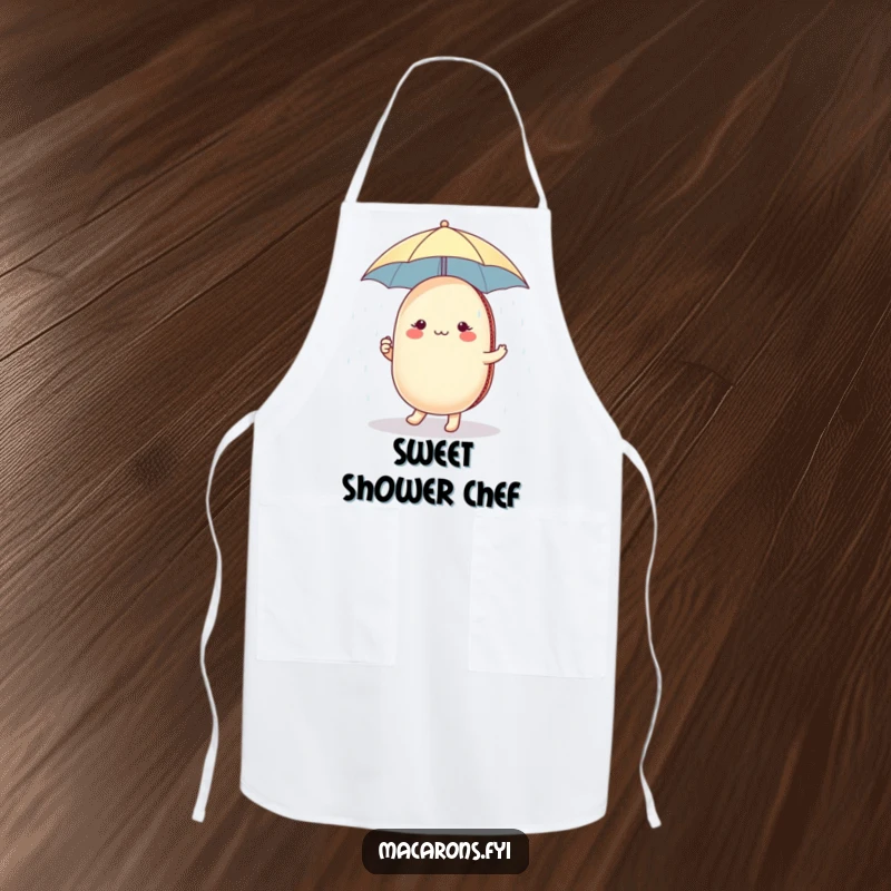 Funny macaron character holding a tiny umbrella, dancing in a sugar shower, perfect for a whimsical and funny apron.