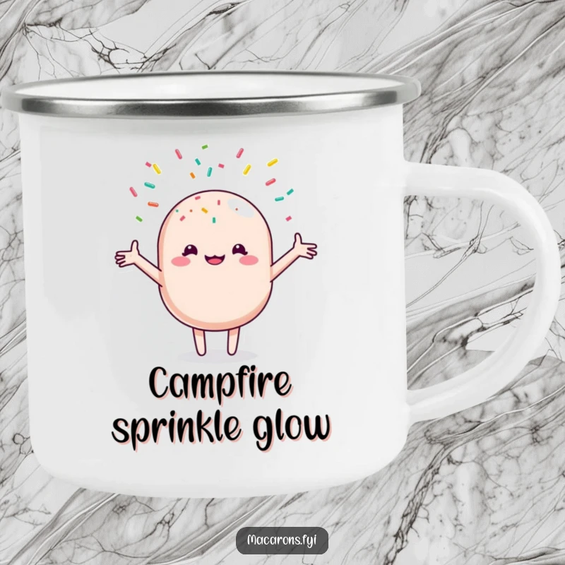 Funny macaron character joyfully embracing a vibrant shower of colorful sprinkles, illustrated on a durable camping mug for outdoor lovers.