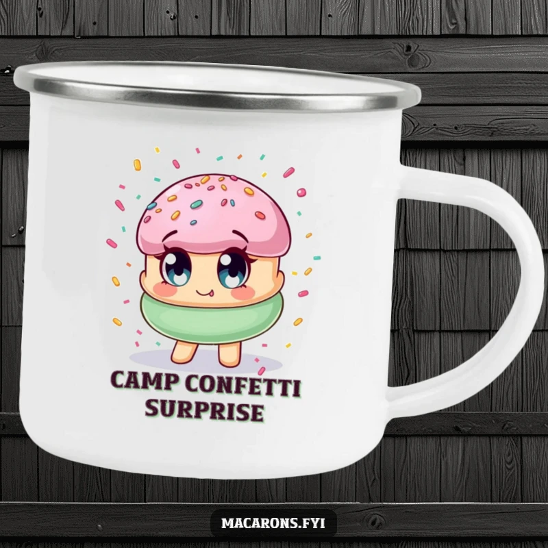 Funny macaron character with wide eyes, showered in confetti, durable for camping and adding nutty cheer to outdoor escapades.