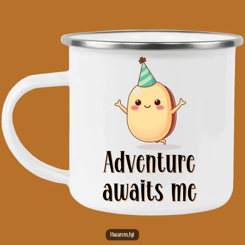 Funny Cheerful Macaron Camping Mug with Party Hat - Jumping Adventure Gift!