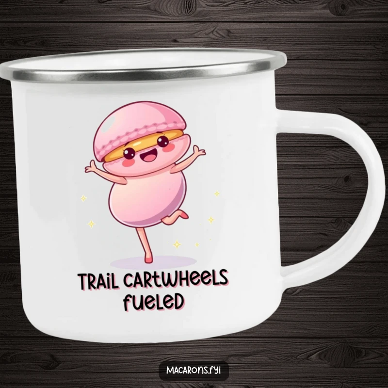 Funny Camping Mug with a macaron character performing a cartwheel, sparking joy during outdoor adventures, perfect for coffee or tea.