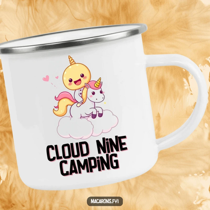 Funny Camping Mug with a macaron character riding a unicorn through candy clouds, bringing sweet, magical cheer to outdoor activities.