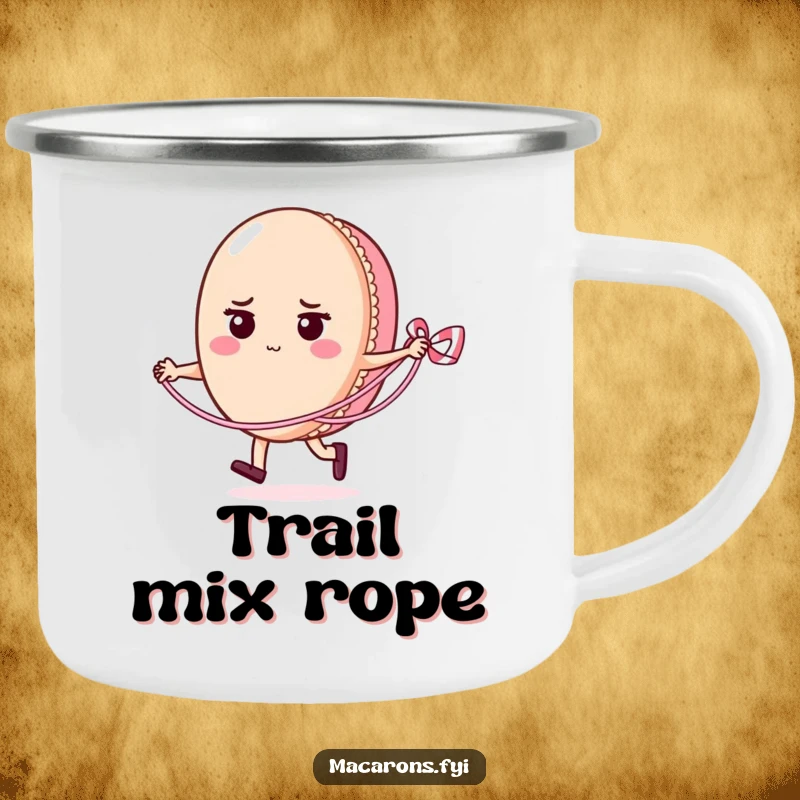 Funny determined macaron character energetically skipping rope with a licorice lace, perfectly illustrated on a sturdy camping mug for outdoor adventures.
