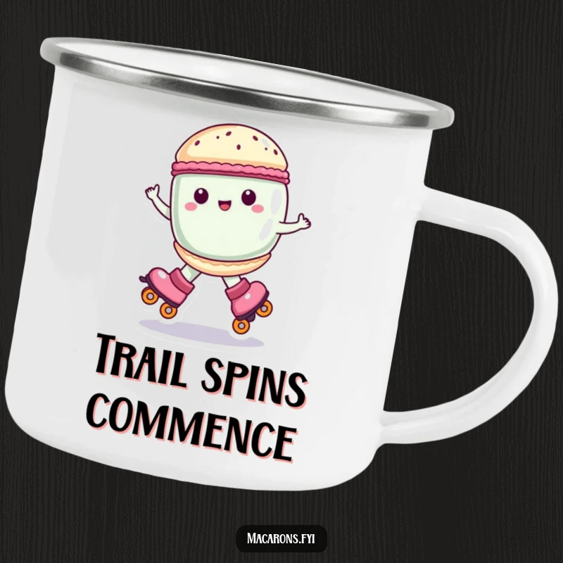 Funny macaron character on roller skates, spinning joyfully, durable camping mug, cool funny gift.