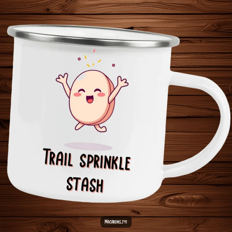 Funny Camping Mug: A durable mug shows a macaron character leaping joyfully, reaching for a falling sprinkle, ideal for outdoor fun.