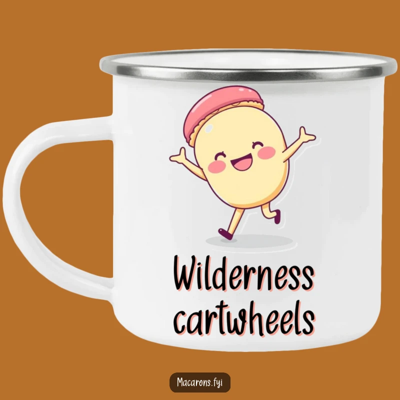 Funny Macaron Cartwheel Camping Mug: Cheerful Acrobat, Rugged & Hilarious Gear