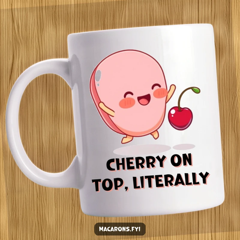 Funny mug of a blushing macaron leaping joyfully as a small cherry lands perfectly on top, sweet and happy.