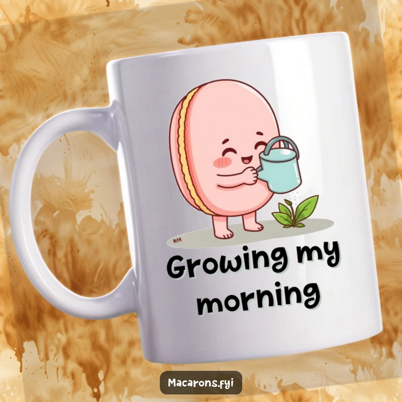 Funny Macaron Mug showing a cheerful macaron enthusiastically watering a small, green sprout with a tiny can.