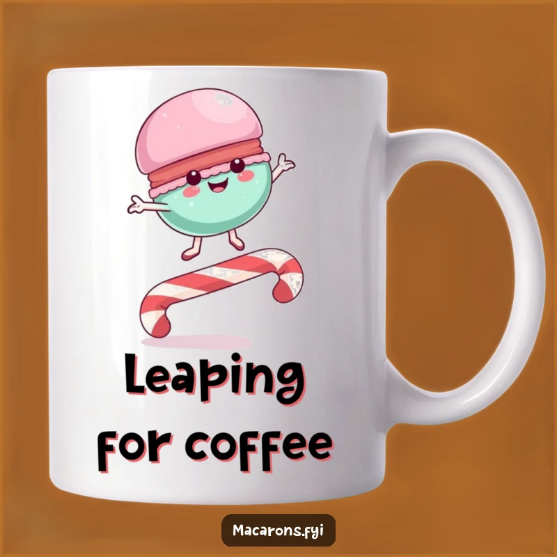 Funny Macaron Candy Cane Leap Mug: Joyful Dessert Fun, Perfect Sweet Gift!