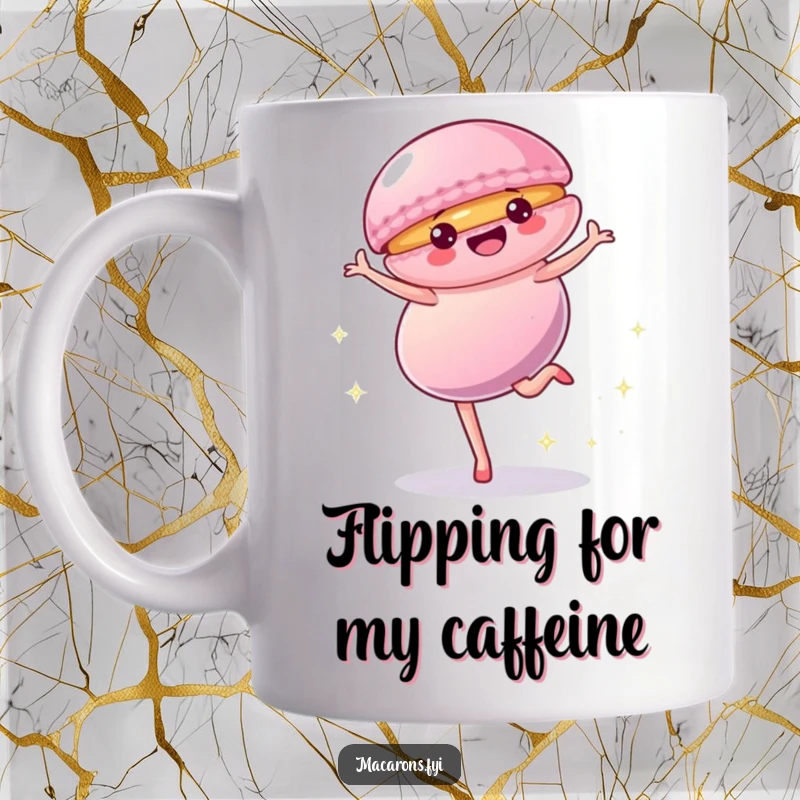 Funny Mug featuring a vibrant macaron character doing a cartwheel with playful sparkles, expressing pure acrobatic joy and sweetness.