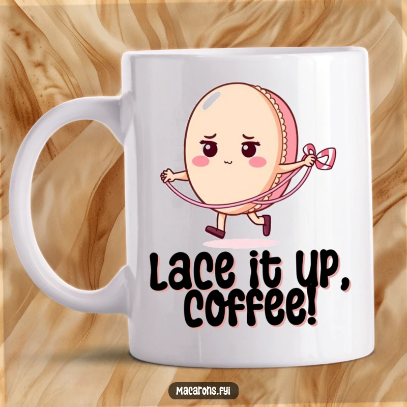 Funny macaron character enthusiastically skipping rope with a licorice lace, showcasing incredible determination on this delightful mug.