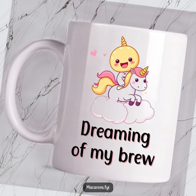 Funny Mug featuring a macaron character excitedly riding a tiny unicorn through a whimsical cloud made of colorful candy.
