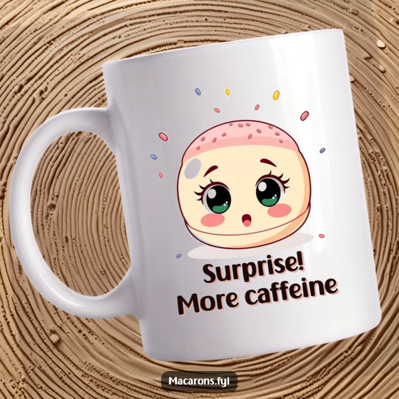 Funny mug featuring a surprised macaron with wide eyes looking up as a cascade of tiny colorful sprinkles rains down.