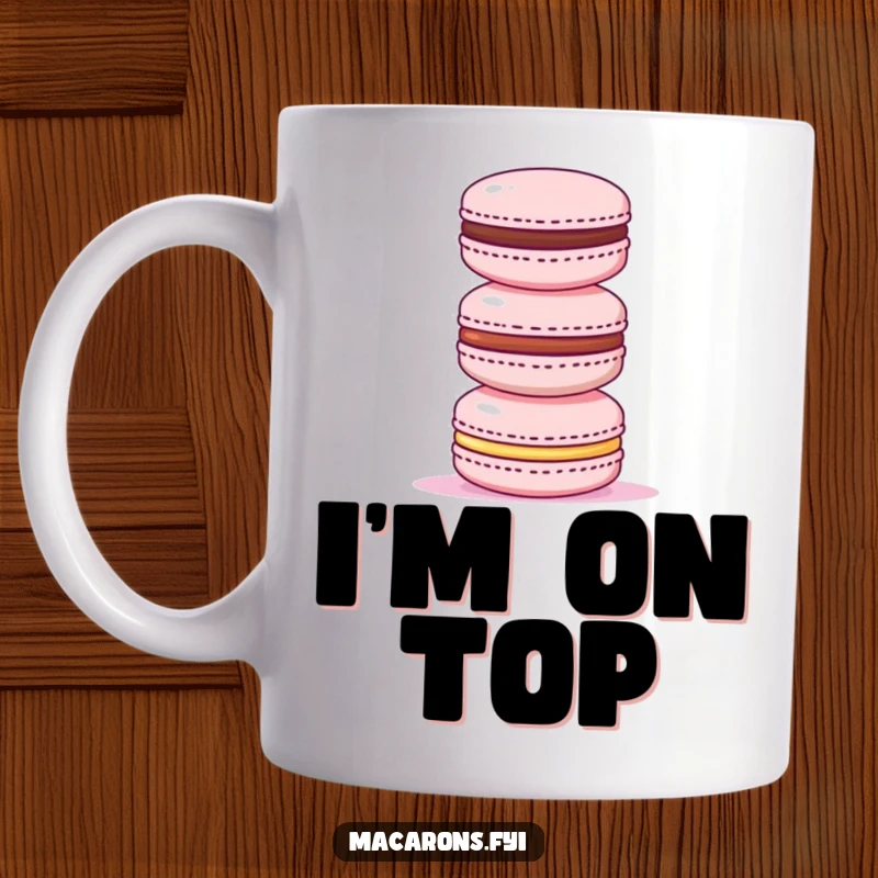 Funny mug of a triumphant macaron proudly stacking three smaller macarons, symbolizing sweet achievement and culinary prowess.