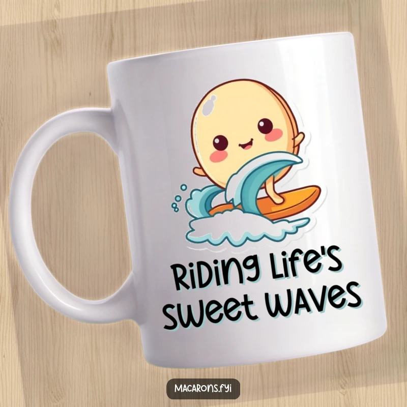 Funny happy macaron character gleefully surfing on a tiny wave, embodying pure joy and adventure on a coffee mug.