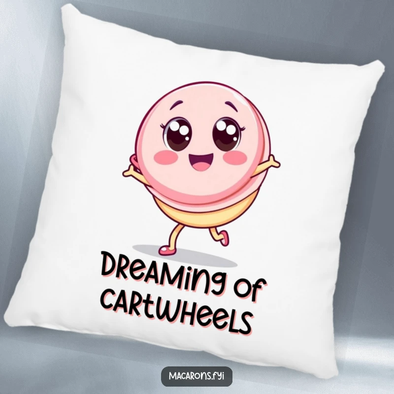 Funny Macaron Pillow: Cute Kawaii macaron character with big eyes doing a happy cartwheel, adding plush comfort and humor.