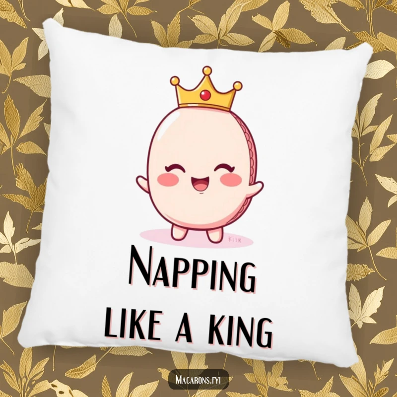 Funny giggling macaron character wearing a tiny crown, looking regal, designed as a soft, decorative pillow for ultimate comfort.