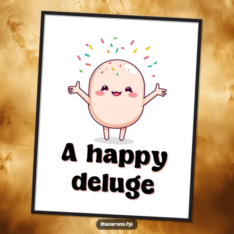 Funny macaron character with open arms, joyfully receiving a shower of colorful sprinkles, captured in a high-resolution digital art print.