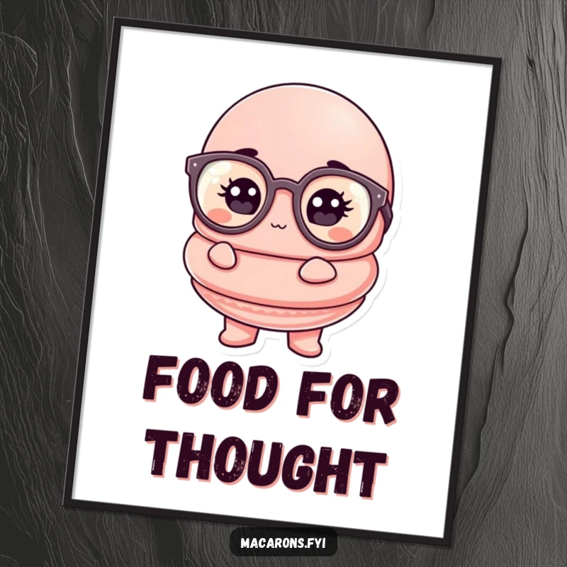 Funny macaron digital art print of a macaron character with oversized glasses, looking comically thoughtful and smart.