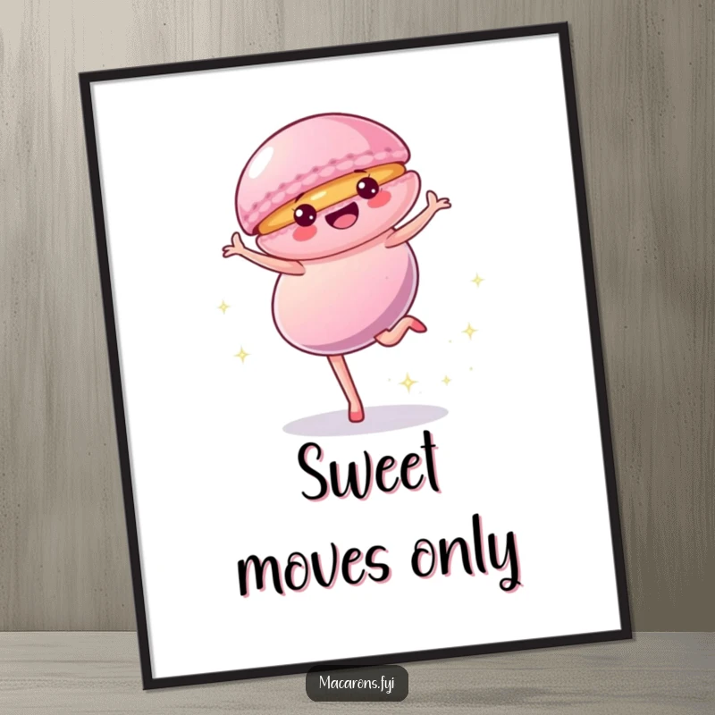 Funny Digital Art Print of a vibrant macaron character doing a cartwheel with sparkling effects, perfect for instant sweet decor.