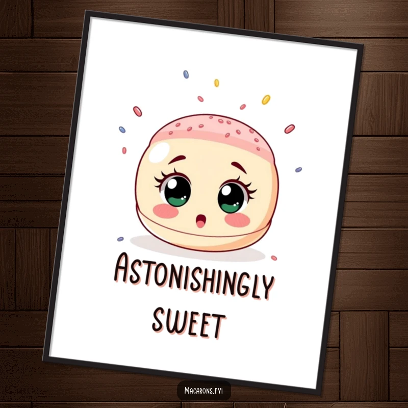 Funny digital art print of a wide-eyed macaron looking up in surprise as a delightful shower of tiny sprinkles falls around it.