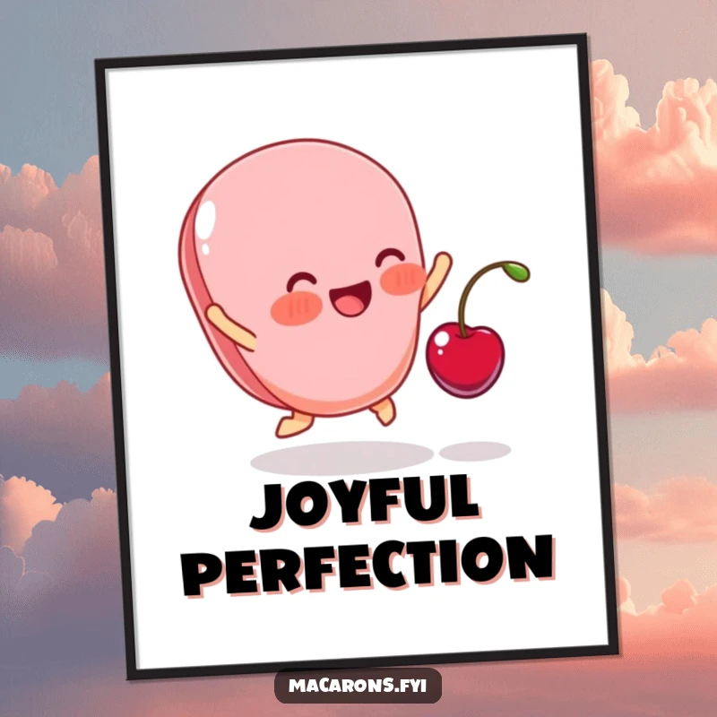 Funny digital art print of a blushing macaron leaping ecstatically as a tiny cherry lands on it, celebrating sweet, pure joy.
