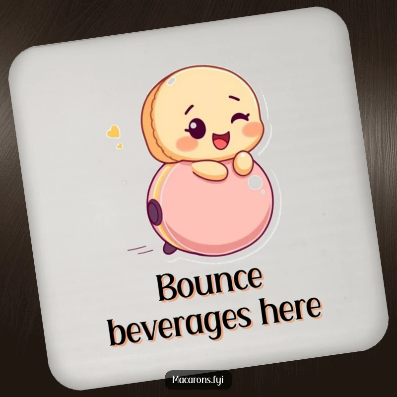 Funny macaron character winking, riding a bouncing ball with glee, protecting surfaces with playful, cheerful, and funny designs.
