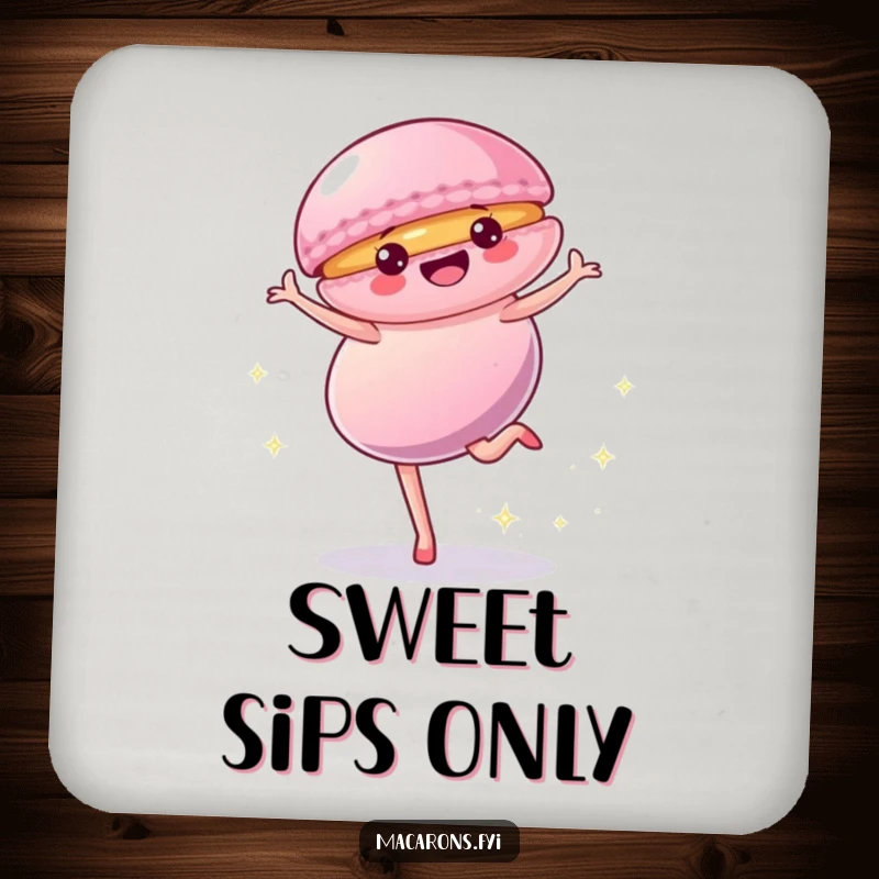 Funny Drink Coasters featuring a cartwheeling macaron character, adding a sweet and energetic touch to protect surfaces.