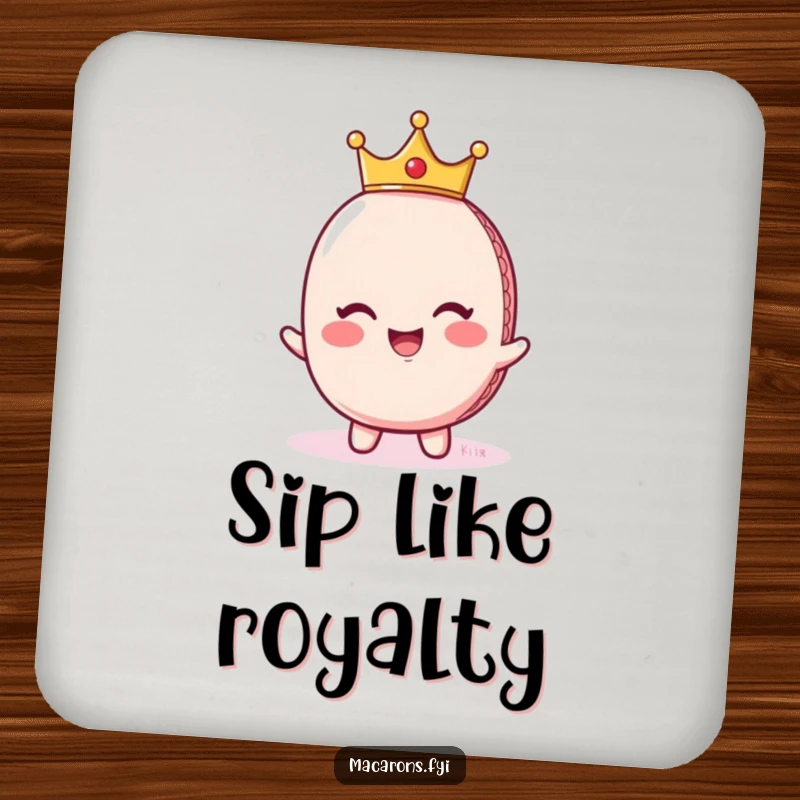 Funny giggling macaron character wearing a tiny crown, looking regal, featured on a protective drink coaster for a touch of humorous royalty.