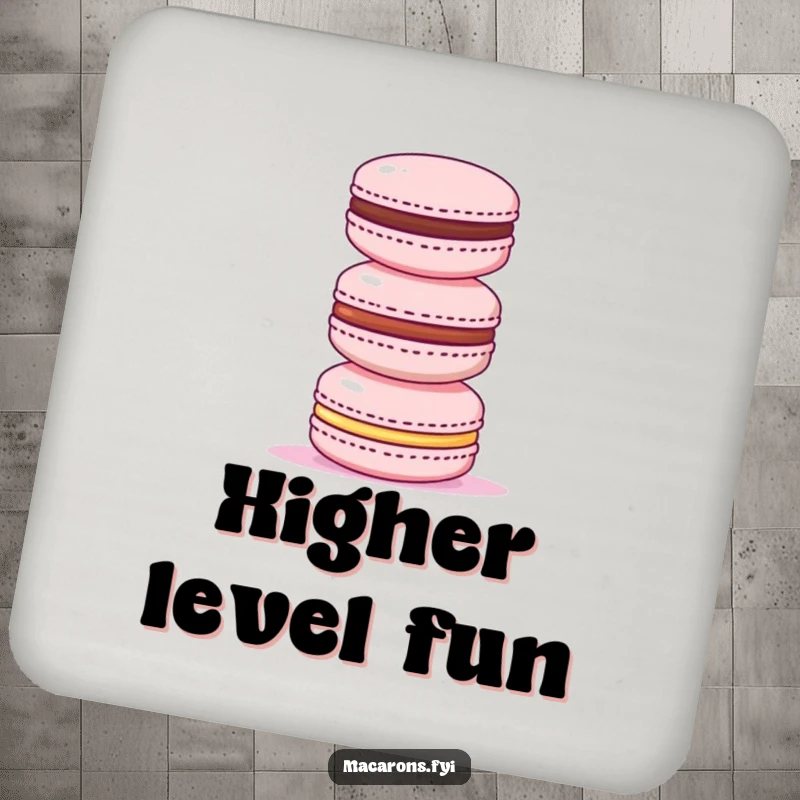 Funny coaster depicting a triumphant macaron stacking three smaller macarons, a symbol of sweet success and table protection.