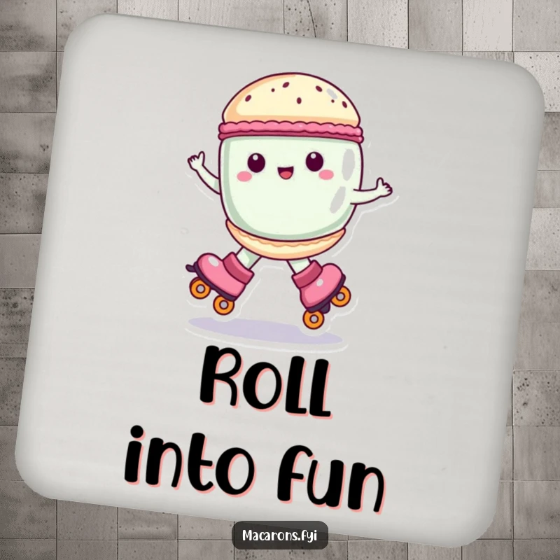 Funny macaron character on roller skates, spinning joyfully, drink coaster, superb funny gift.