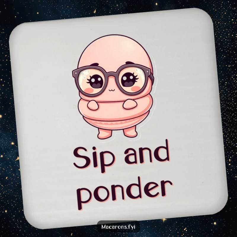Funny macaron drink coaster with a macaron character in oversized glasses, looking comically thoughtful.