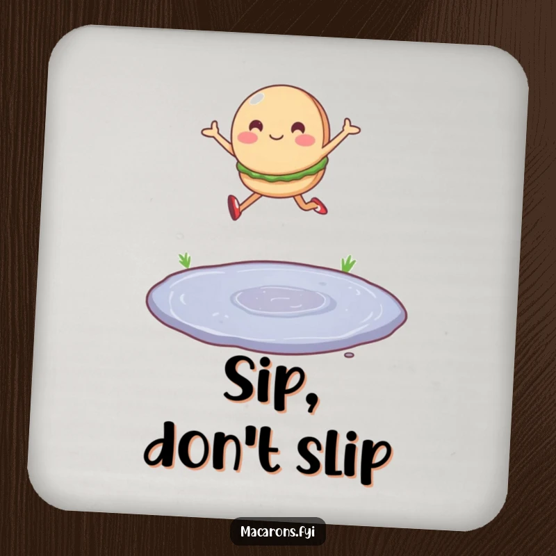 Funny drink coaster with a single macaron character leaping joyfully over a tiny puddle, adding cheerful charm.