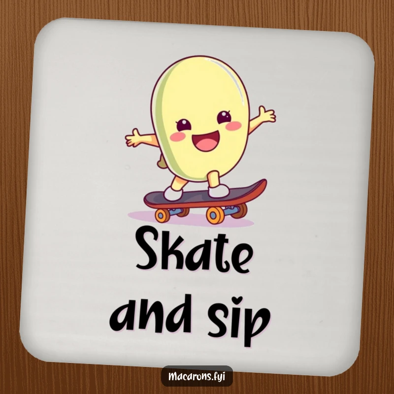 Funny macaron character on a skateboard, mid-trick, depicted on a set of cool drink coasters.