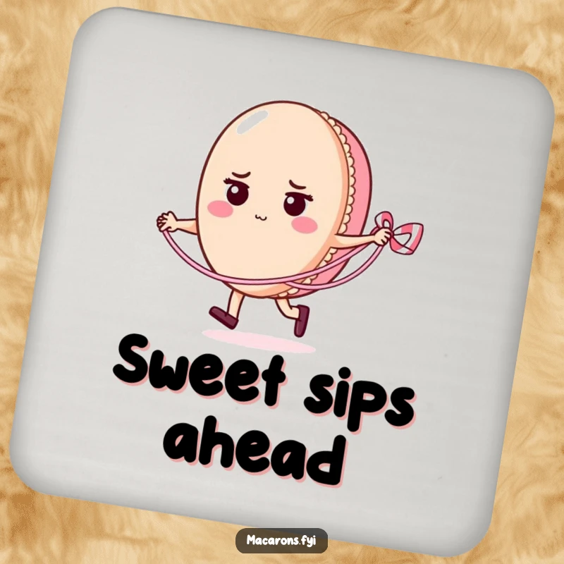Funny macaron character determinedly skipping rope with a licorice lace, illustrated on a protective drink coaster for surface safeguarding.