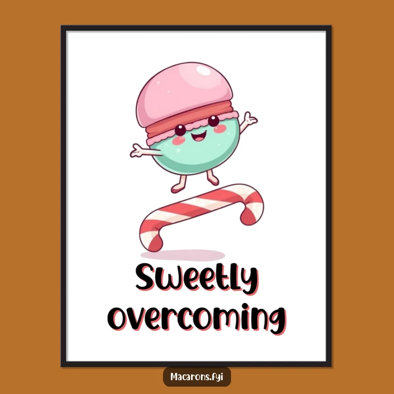 Funny Macaron Candy Cane Leap Poster: Joyful Dessert Art, Adds Sweet Vibrancy, Perfect Funny Gift!